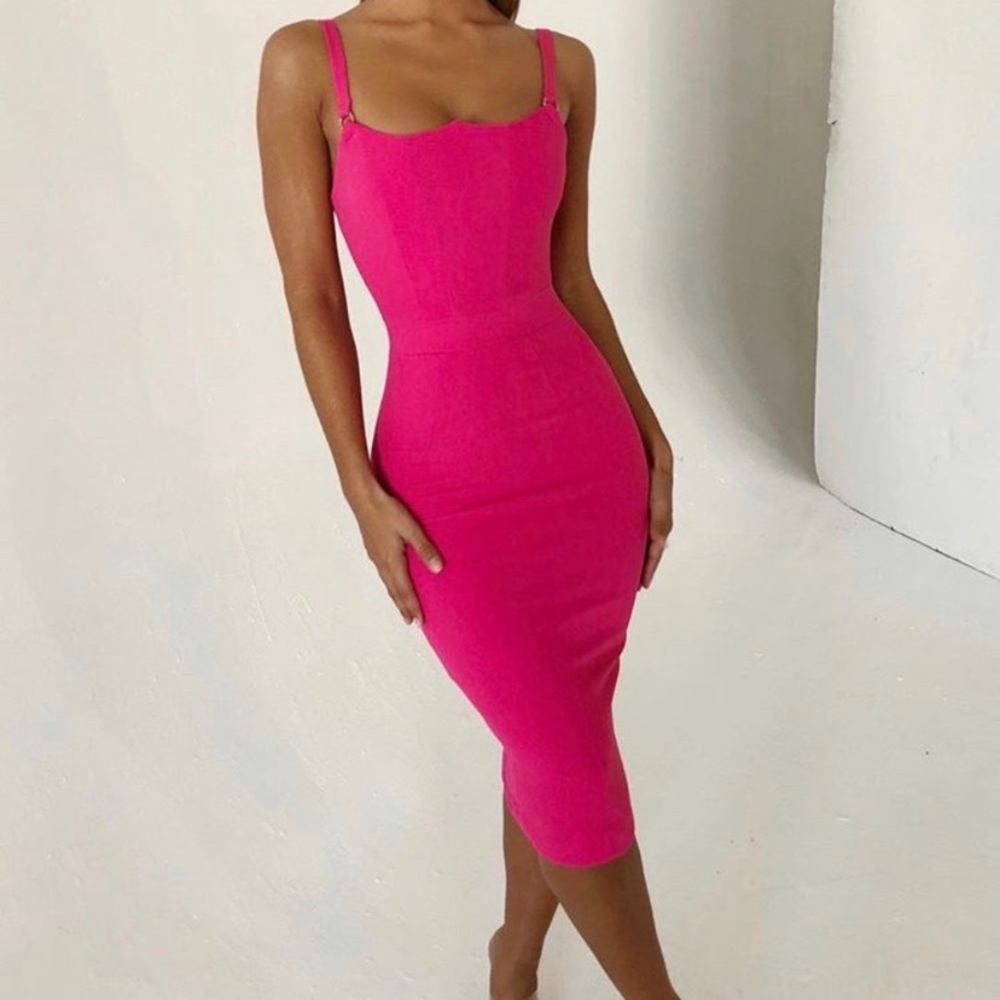 HOUSE OF CB TESSA PINK CREPE BODICE DRESS-XS